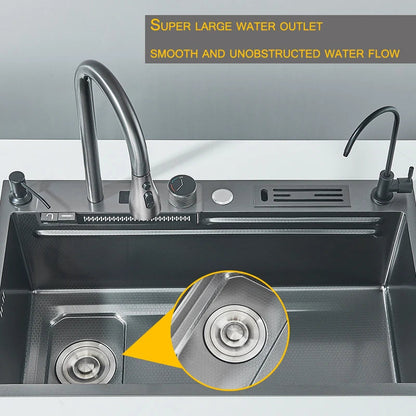 304 High 1uality Intelligent Digital Display  Waterfall Kitchen Sink Large Single Slot Integrated Digital Display Faucet Set - Home Fusion
