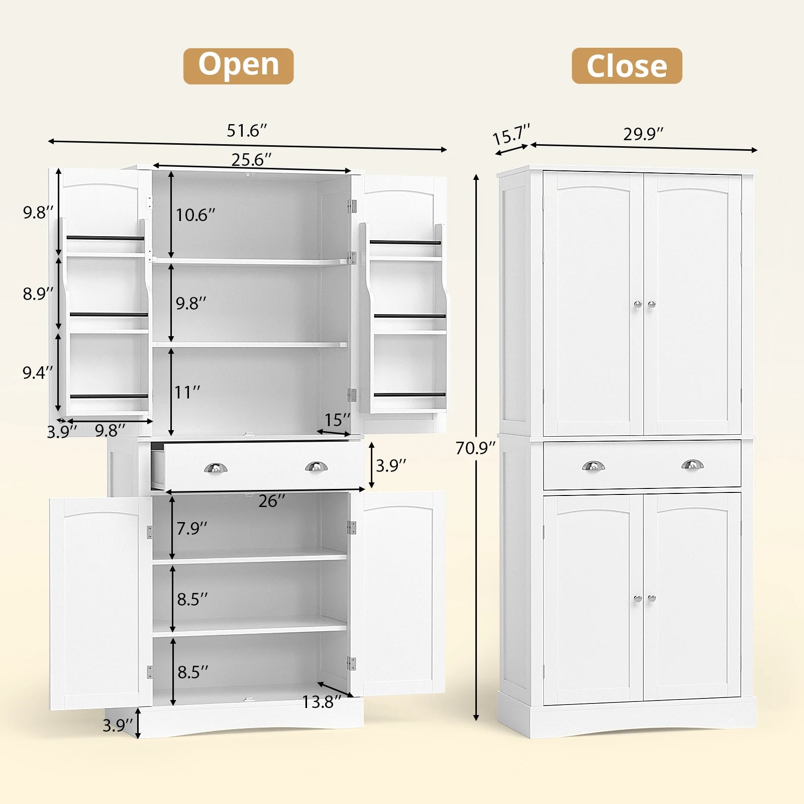 71" H Freestanding Cupboard with 2 Storage Cabinet, 1 Drawer and 4 Adjustable Shelves,Large Tall Pantry Cupboard for Dining Room - Home Fusion