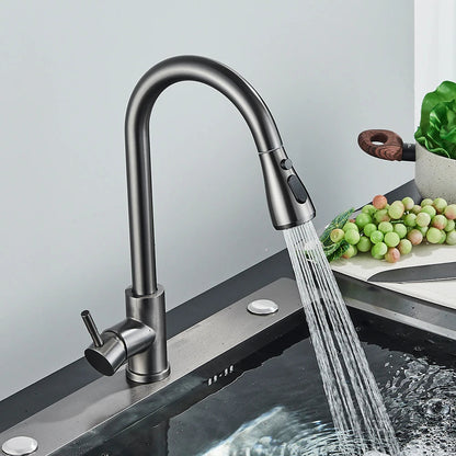 Brushed Nickel Kitchen Faucet Flexible Pull Out Nozzle Kitchen Sink Mixer Tap Stream Sprayer Head Deck Black Hot Cold Water Taps - Home Fusion