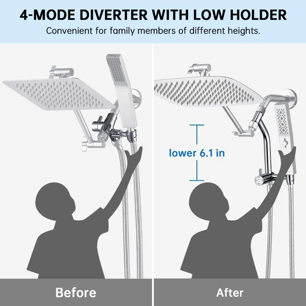 All Metal 12 Inch Shower Head with Massage Mode Handhelde, Rain Shower Head with Handheld Spray Combo, 3-Way Diverter with Paus - Home Fusion