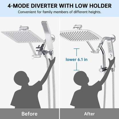 All Metal 12 Inch Shower Head with Massage Mode Handhelde, Rain Shower Head with Handheld Spray Combo, 3-Way Diverter with Paus - Home Fusion
