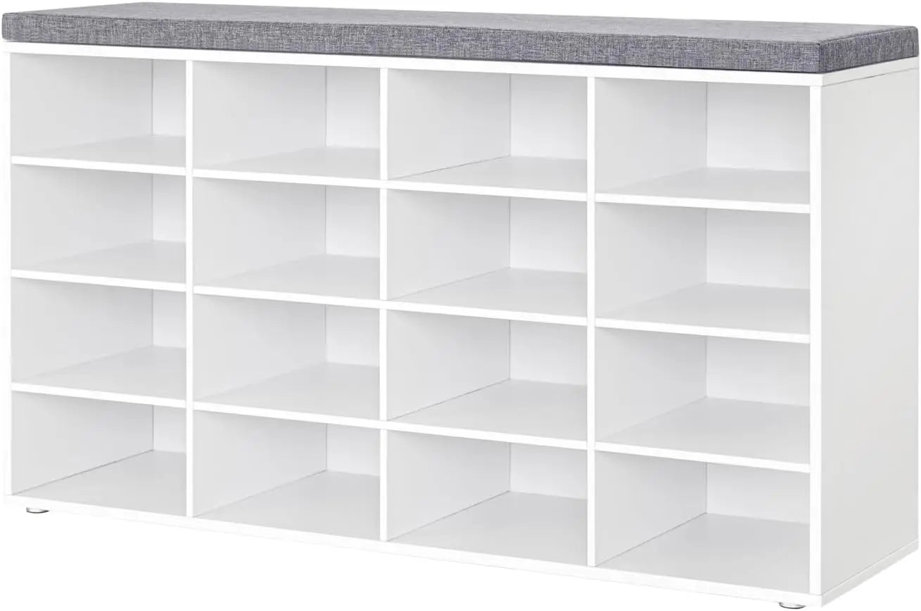 Shoe Storage Bench with Cushion, Cubby Shoe Rack with 12 Cubbies, Adjustable Shelves, Multifunctional Shoe Organizer Bench - Home Fusion