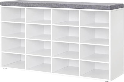 Shoe Storage Bench with Cushion, Cubby Shoe Rack with 12 Cubbies, Adjustable Shelves, Multifunctional Shoe Organizer Bench - Home Fusion