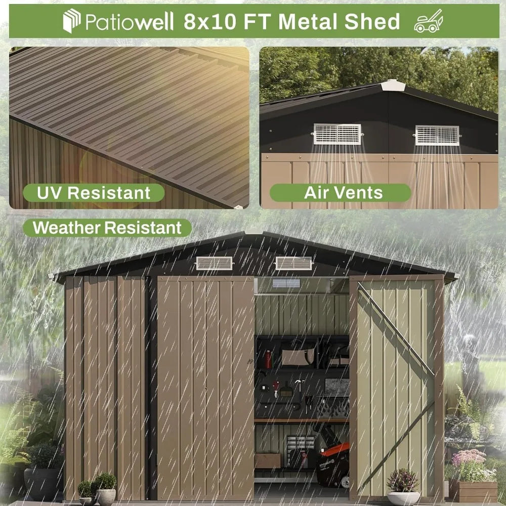 8x10 FT Outdoor Storage Shed, Large Garden Tool Metal Shed with Sloping Roof and Double Lockable Door,Outdoor Shed for Backyard - Home Fusion