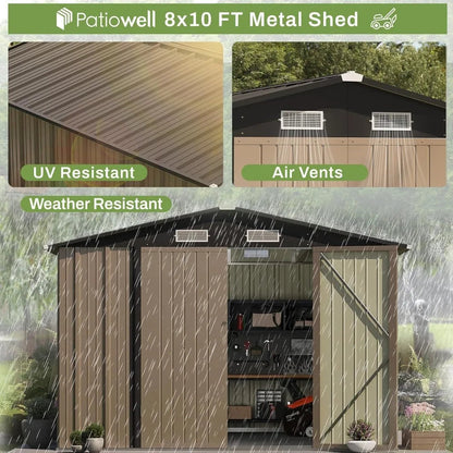 8x10 FT Outdoor Storage Shed, Large Garden Tool Metal Shed with Sloping Roof and Double Lockable Door,Outdoor Shed for Backyard - Home Fusion