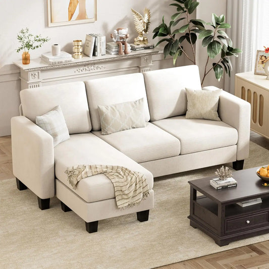 Convertible Sectional Couch, 3 Seat L-Shaped Sofa with Linen Fabric Ottoman Small Couch for Small Apartments,  (Dark Gray)