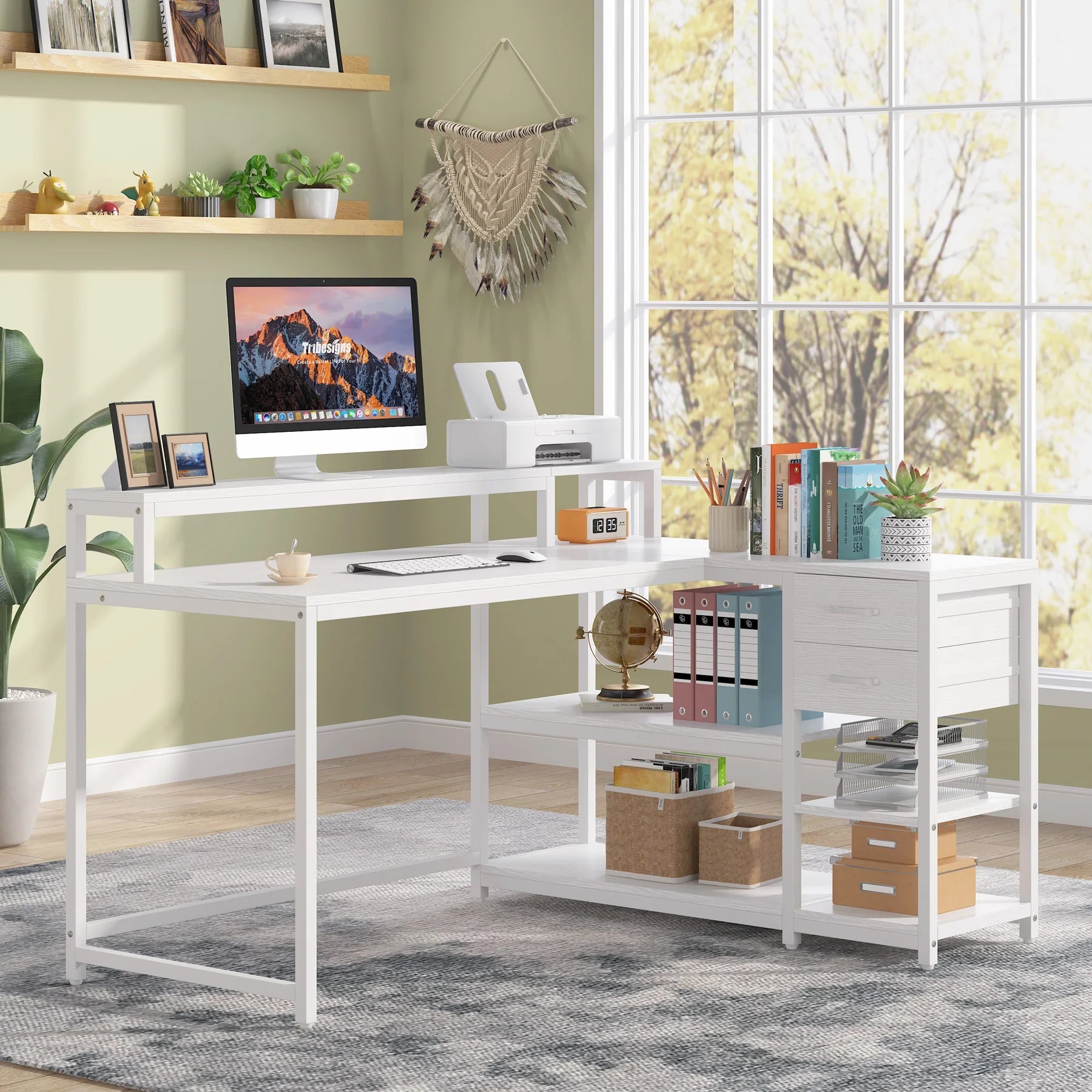 Tribesigns Reversible L Shaped Desk with Drawer, Industrial Corner Desk Home Office Table with Shelves and Monitor Stand - Home Fusion