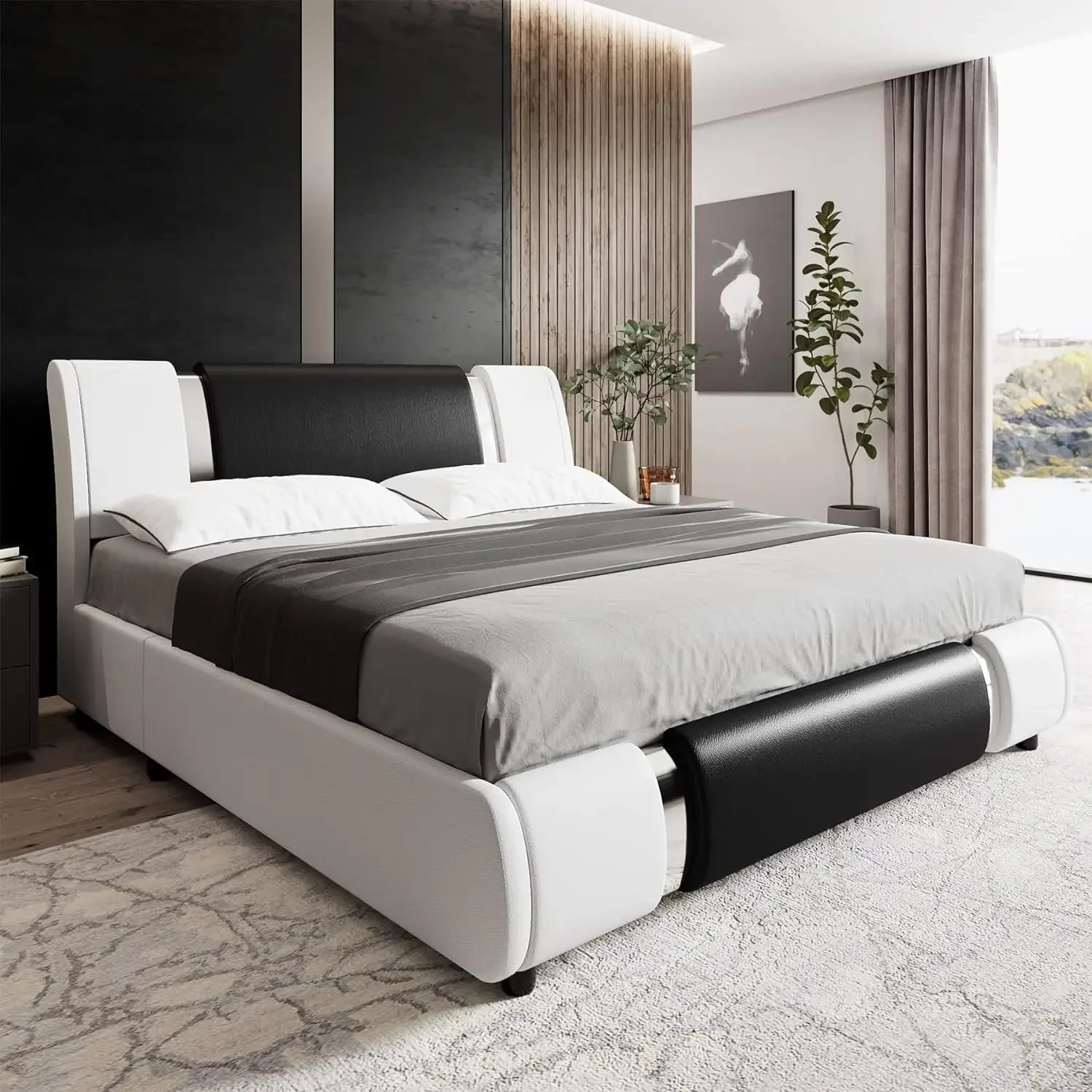 44390050529451|44390050594987|44390050660523 Modern Faux Leather Upholstered Platform Bed Frame with Iron Metal Decor, Adjustable Curved Headboard, Beds 076823-f9.myshopify.com