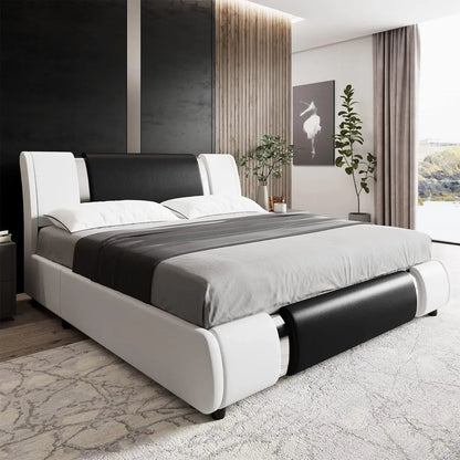 44390050529451|44390050594987|44390050660523 Modern Faux Leather Upholstered Platform Bed Frame with Iron Metal Decor, Adjustable Curved Headboard, Beds 076823-f9.myshopify.com