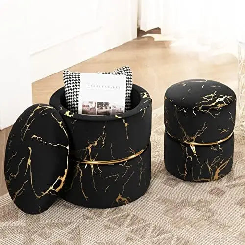 Round Black Velvet  Ottoman , Modern Upholstered Vanity Ottoman Footrest Stool Indoor Ottoman for Entryway Living Room Bedroom D - Home Fusion