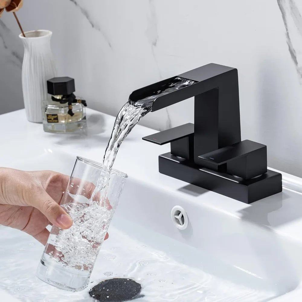 4 Inch Centerset Waterfall Bathroom Faucet 2 Handle 3 Hole Basin Faucet with Pop Up Drain with Overflow Home Fusion