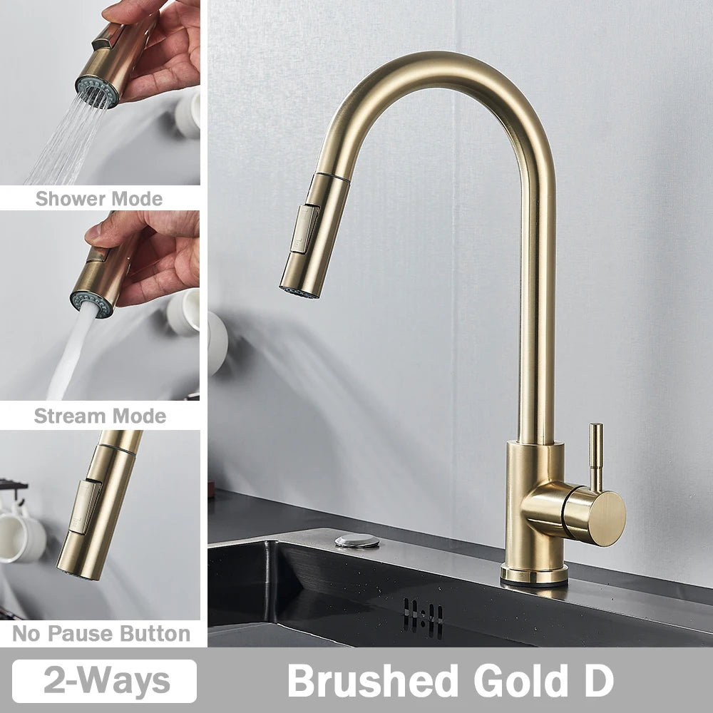 Brushed Nickel Kitchen Faucet Flexible Pull Out Nozzle Kitchen Sink Mixer Tap Stream Sprayer Head Deck Black Hot Cold Water Taps - Home Fusion