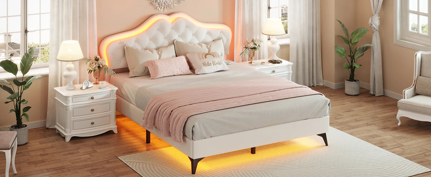 Queen Size Upholstered Bed Frame with LED Lights, Adjustable Headboard with Crystal Button, Solid Wood Slats Support, Beige Home Fusion