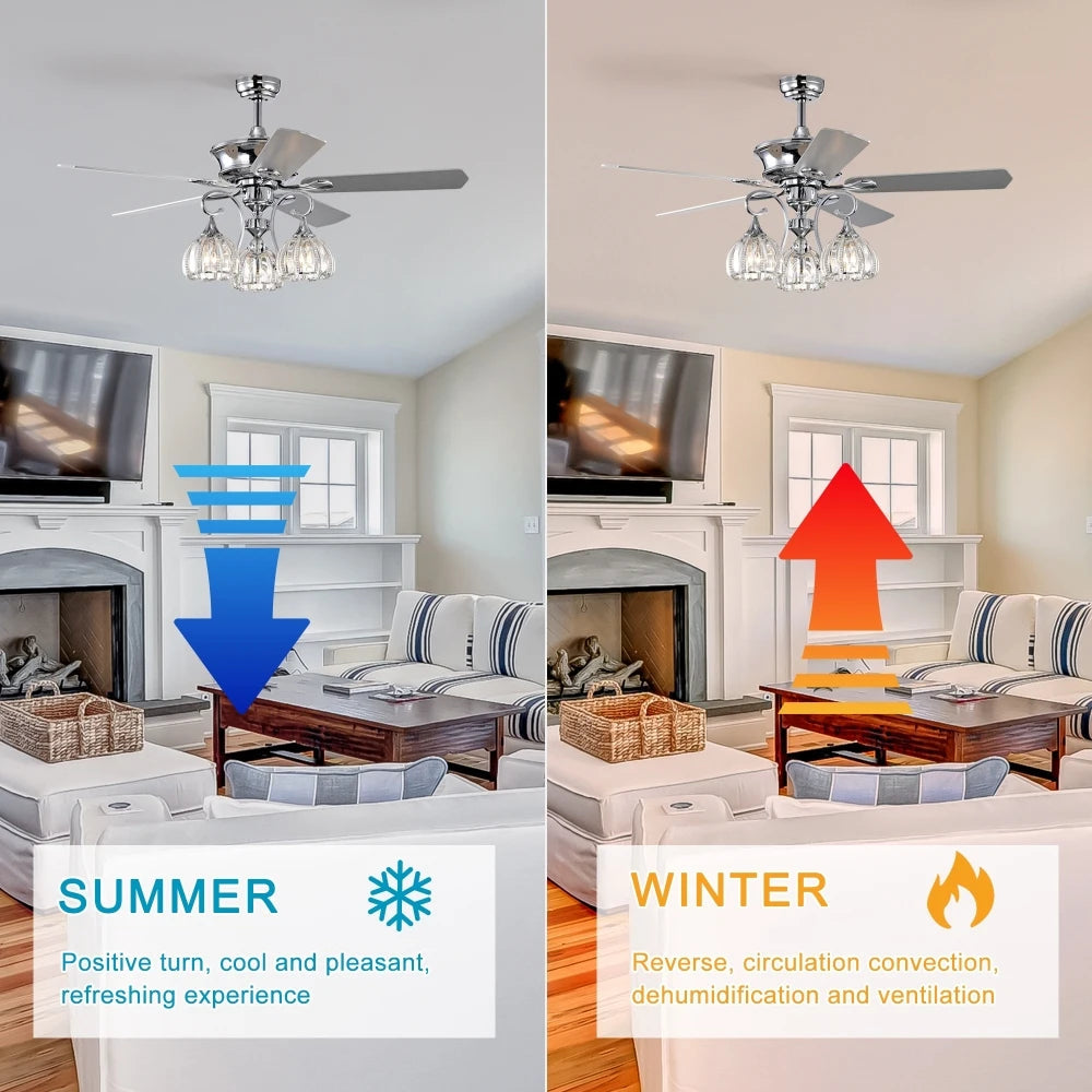 52''Crystal Ceiling Fan Lamp with Remote Control  3 Speed,5 Reversible Blades for Living Room,Dining Room,Bedroom - Home Fusion