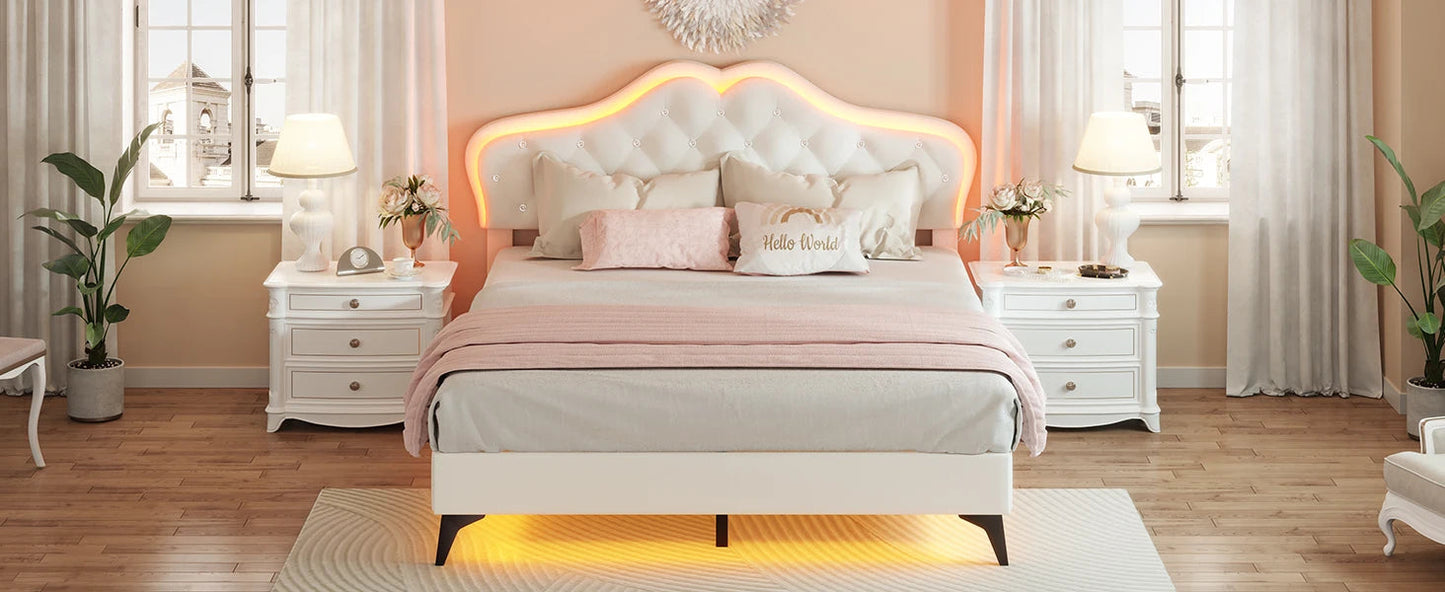Queen Size Upholstered Bed Frame with LED Lights, Adjustable Headboard with Crystal Button, Solid Wood Slats Support, Beige Home Fusion