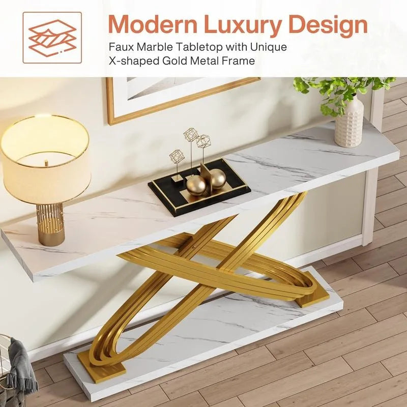 Tribesigns 55" Gold Console Table, Modern Faux Marble Entryway Table with Geometric Metal Base, Long Foyer Sofa Table for Livite - Home Fusion