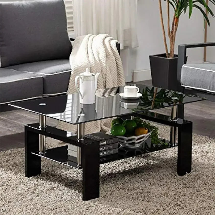 Comft Rectangle Side Glass Coffee Table, 2Tier Center Table Modern Black Side Coffee TableReception Room Office with Lower Shelf - Home Fusion