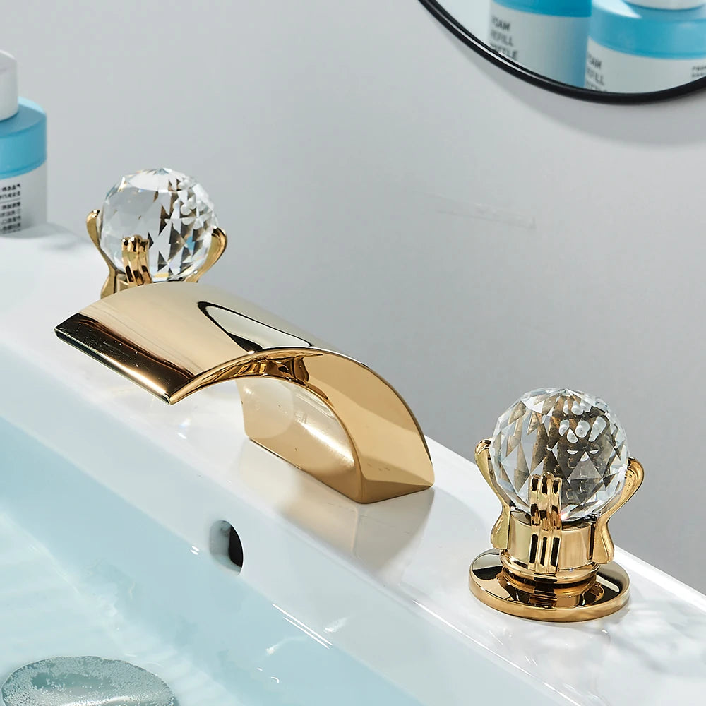 LED Widespread Bathroom Faucet Waterfall Gold Polished Lavatory Faucets Basin Mixer Tap 2 Crystal Knobs 3 Holes - Home Fusion