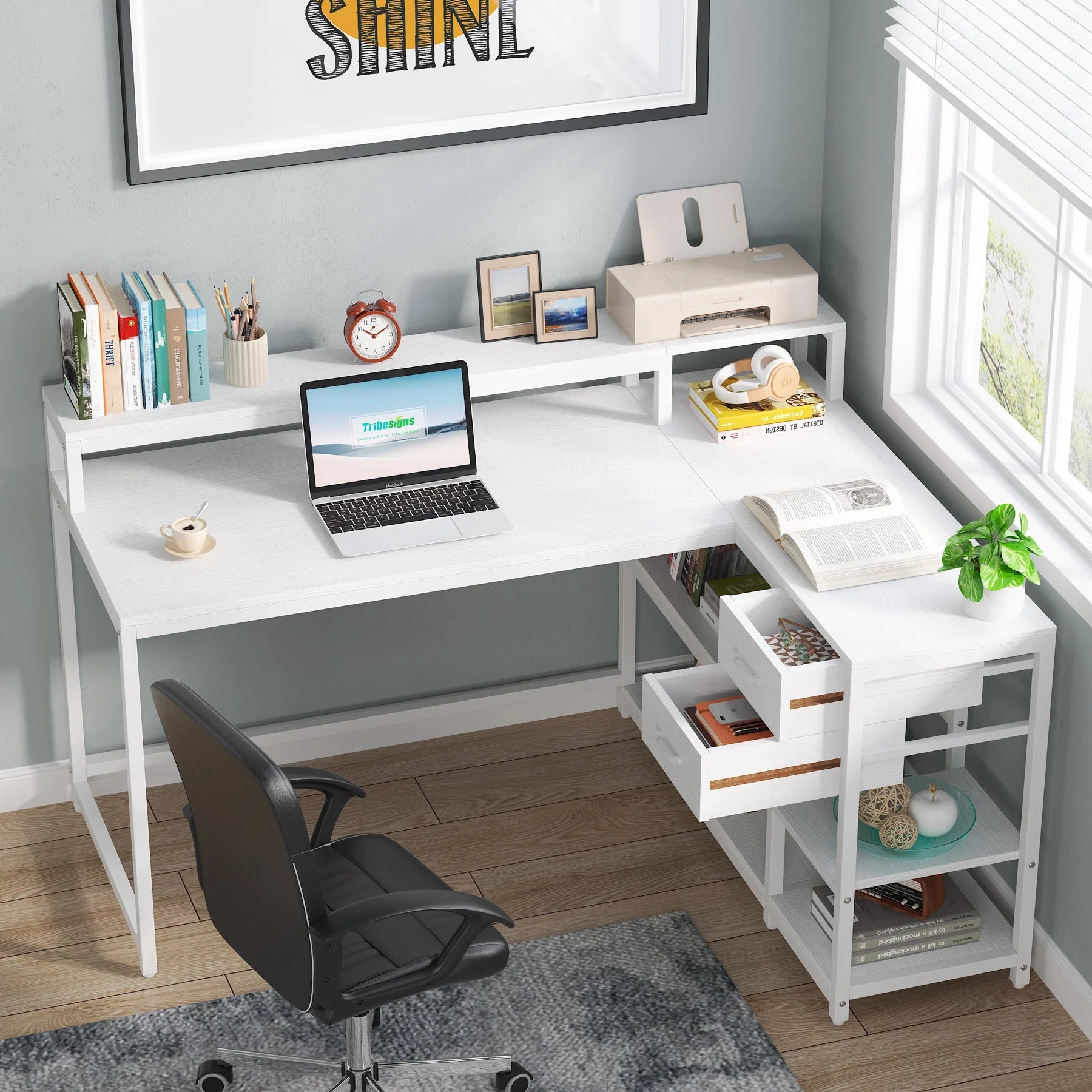 Tribesigns Reversible L Shaped Desk with Drawer, Industrial Corner Desk Home Office Table with Shelves and Monitor Stand - Home Fusion