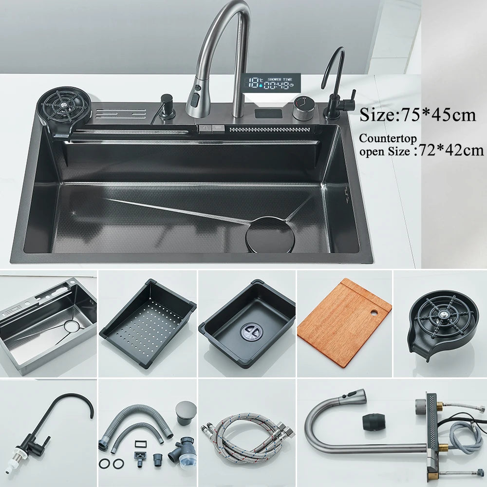 304 Stainless Steel Waterfall Kitchen Sink Large Single Slot Integrated Digital Display Faucet Set Soap Dispenser Cup Washer Home Fusion