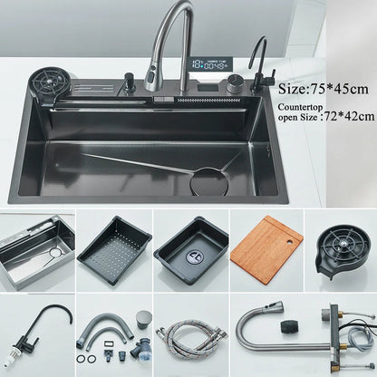 304 Stainless Steel Waterfall Kitchen Sink Large Single Slot Integrated Digital Display Faucet Set Soap Dispenser Cup Washer Home Fusion