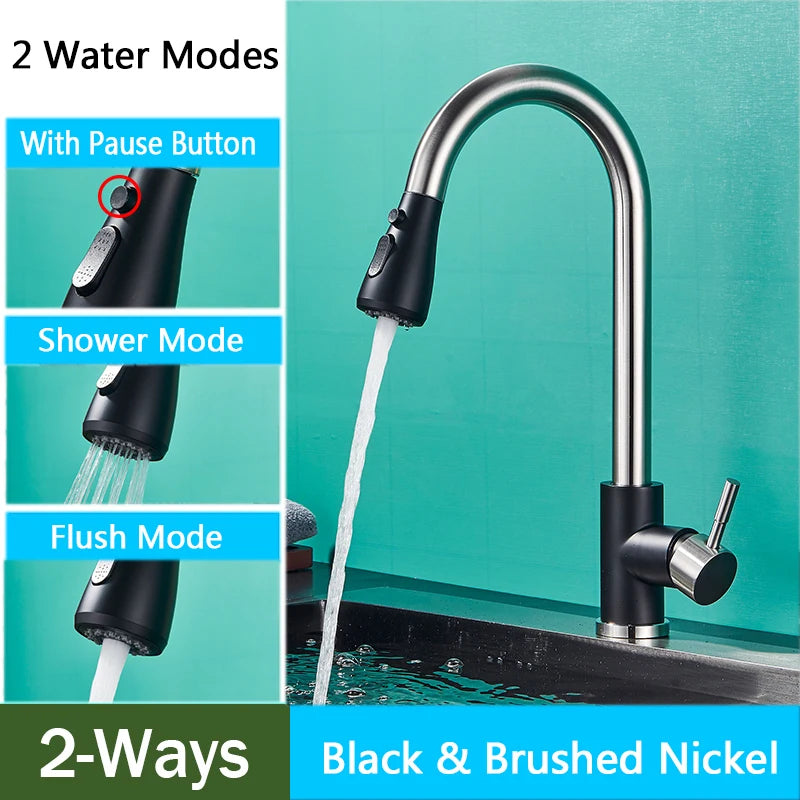 Brushed Nickel Kitchen Faucet Flexible Pull Out Nozzle Kitchen Sink Mixer Tap Stream Sprayer Head Deck Black Hot Cold Water Taps - Home Fusion