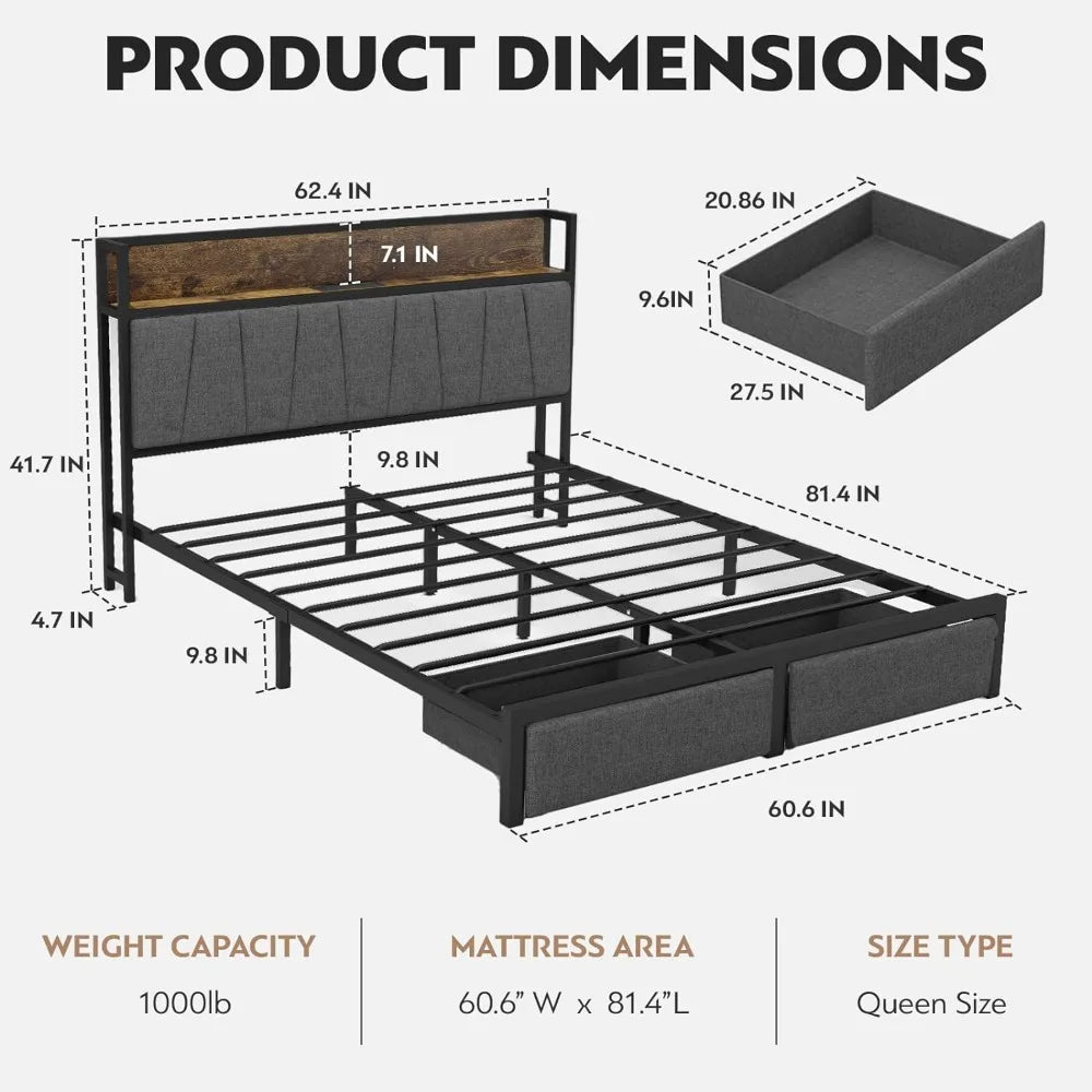 Queen Size Bed Frame with Headboard and Storage, Drawers Platform Bed Frame with Storage Chargin Station LED Light Bed Frame - Home Fusion
