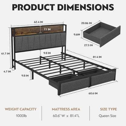 Queen Size Bed Frame with Headboard and Storage, Drawers Platform Bed Frame with Storage Chargin Station LED Light Bed Frame - Home Fusion