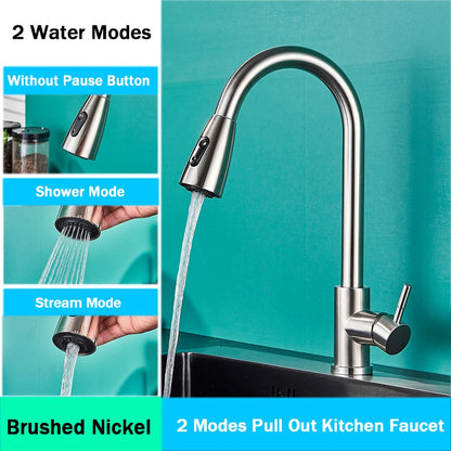 Brushed Nickel Kitchen Faucet Flexible Pull Out Nozzle Kitchen Sink Mixer Tap Stream Sprayer Head Deck Black Hot Cold Water Taps - Home Fusion