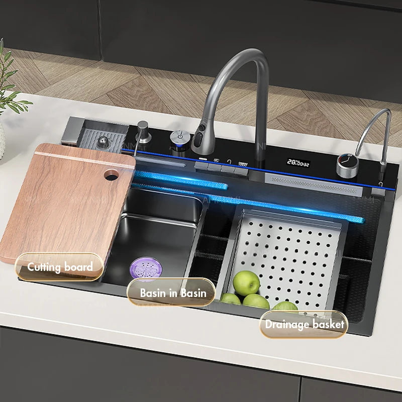 304 Stainless Steel Waterfall Kitchen Sink Large Single Slot Integrated Digital Display Faucet Set Soap Dispenser Cup Washer Home Fusion