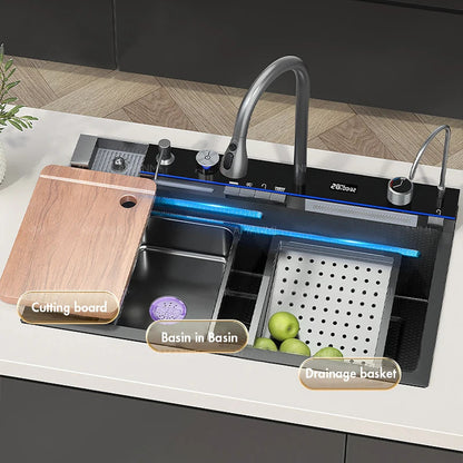 304 Stainless Steel Waterfall Kitchen Sink Large Single Slot Integrated Digital Display Faucet Set Soap Dispenser Cup Washer - Home Fusion