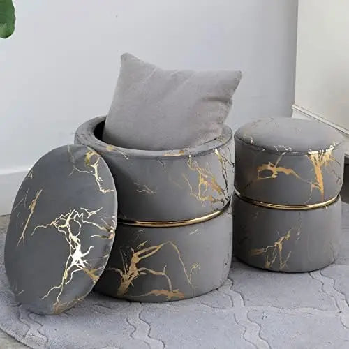 Round Black Velvet  Ottoman , Modern Upholstered Vanity Ottoman Footrest Stool Indoor Ottoman for Entryway Living Room Bedroom D - Home Fusion