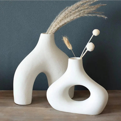 Donut Vase, Set of 2 - Minimalist Nordic, White Ceramic Hollow Donut Vase Decor | Table Centerpiece, Olive Plant, - Home Fusion
