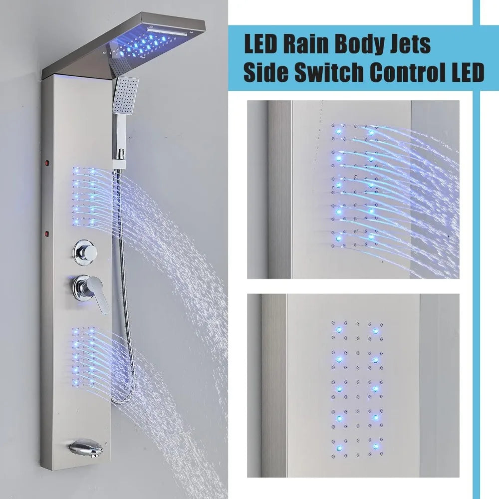 Shower Panel Tower System,LED Rainfall Waterfall Shower Head LED Large Area Massage Jets Tub Spout,Stainless Steel Bathroom - Home Fusion