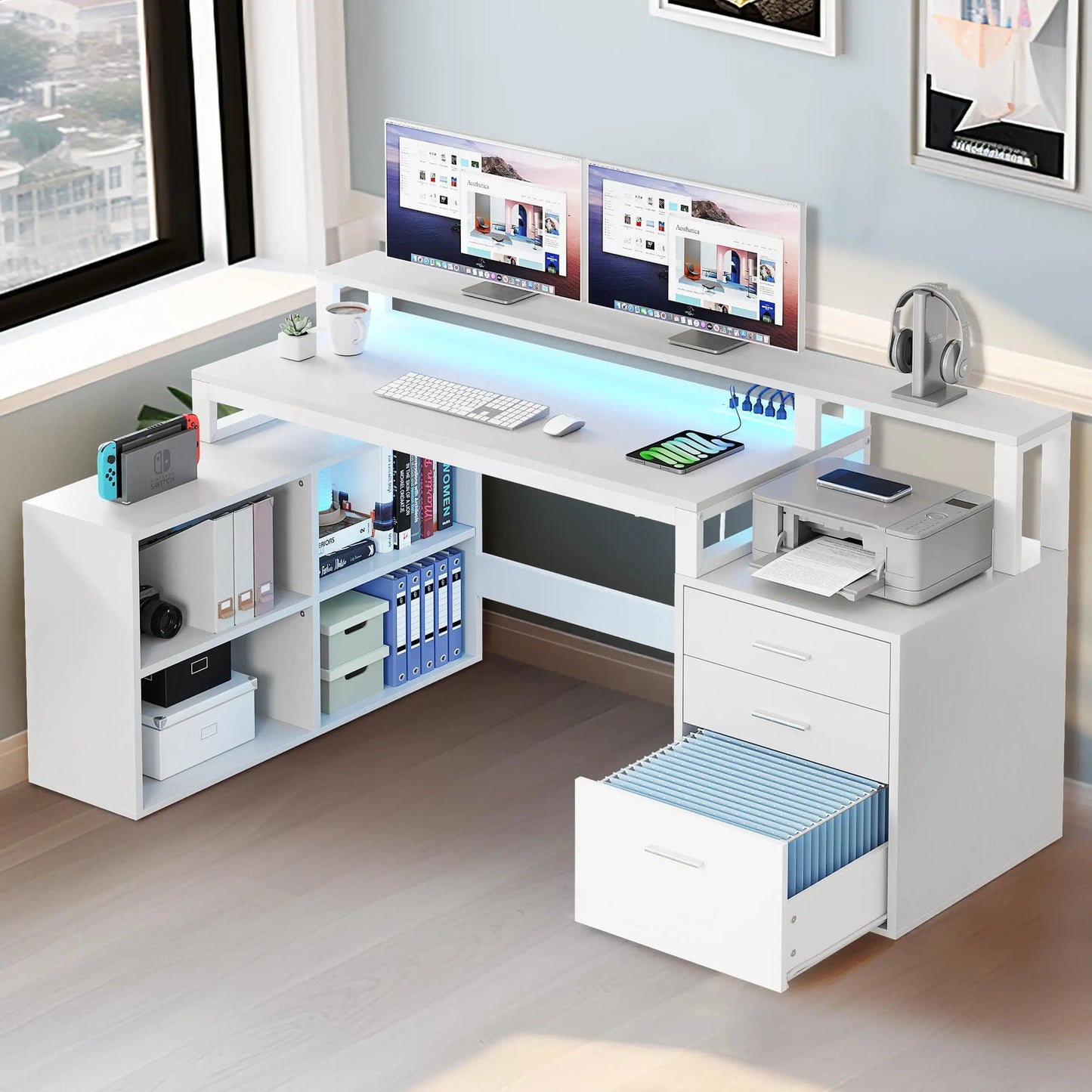 Office Furniture Desk Sets ,65" L Shaped Desk With Power Outlets And Monitor Stand , Computer Desk With LED Light &File Cabinet - Home Fusion