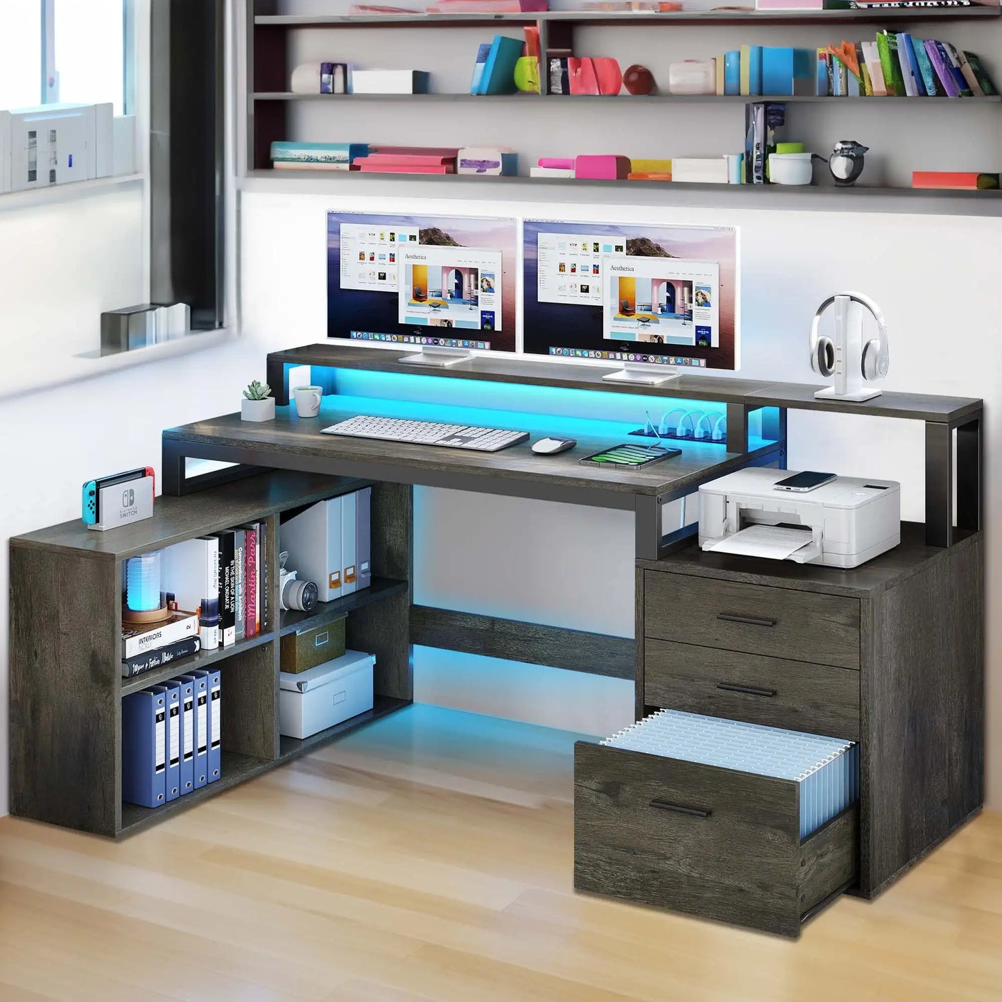 Office Furniture Desk Sets ,65" L Shaped Desk With Power Outlets And Monitor Stand , Computer Desk With LED Light &File Cabinet - Home Fusion