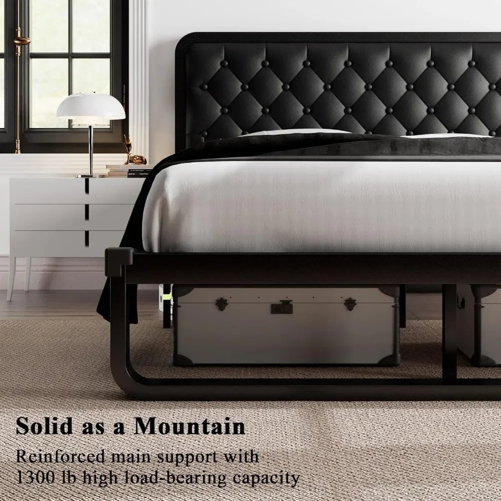 Bed frame, Upholstered Platform Bed Frame, with heavy duty steel slats, diamond tufted headboard - Home Fusion
