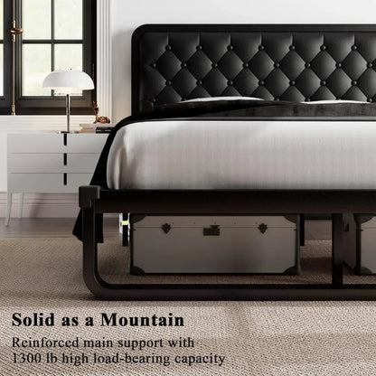 Bed frame, Upholstered Platform Bed Frame, with heavy duty steel slats, diamond tufted headboard - Home Fusion