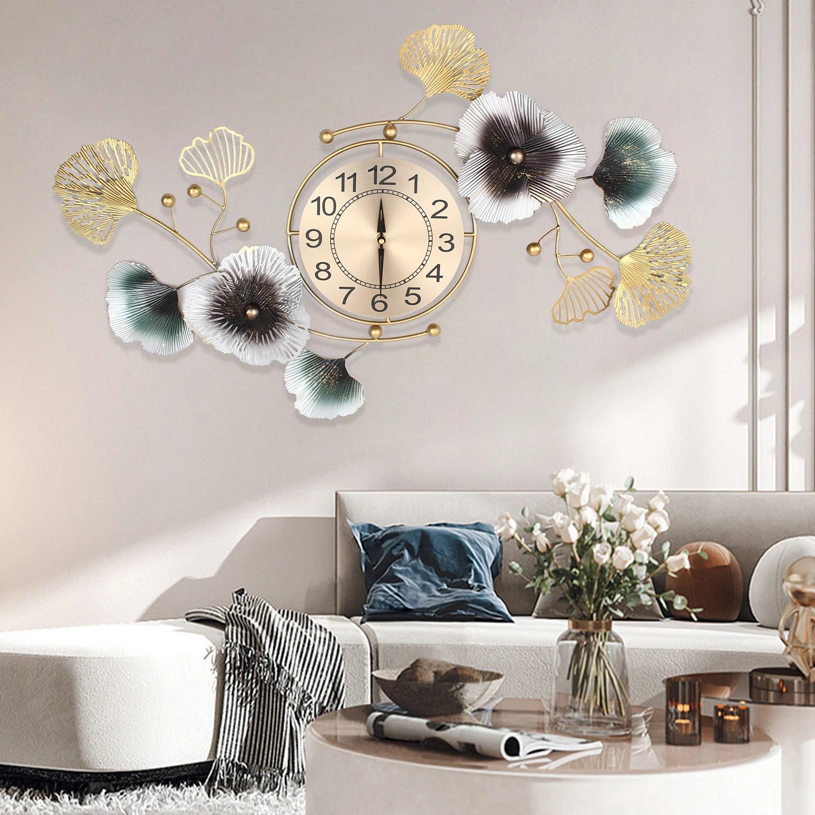 Wall Clock Modern Ginkgo Biloba Wall Clock Mute Large Wall Clock Home Living Room Decoration 90x45cm Home Fusion