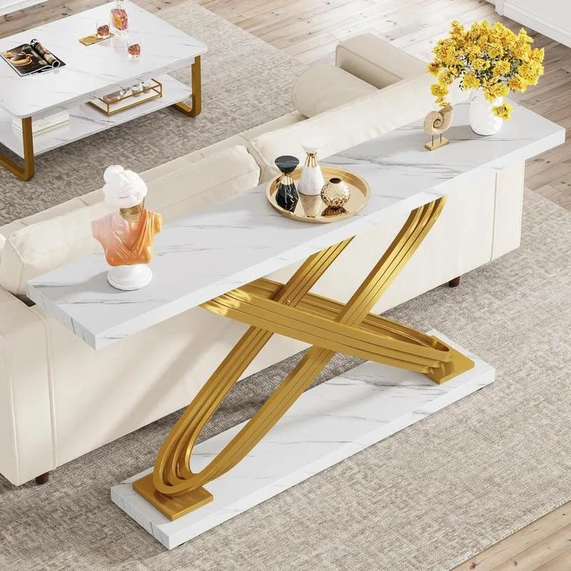 Tribesigns 55" Gold Console Table, Modern Faux Marble Entryway Table with Geometric Metal Base, Long Foyer Sofa Table for Livite - Home Fusion