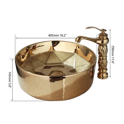 JIENI Bathroom Golden Plated Ceramic Round Combine Faucet Set Diamond Setting Lavatory Washbasin Sink Mixer Faucet w/ Pop Drain - Home Fusion