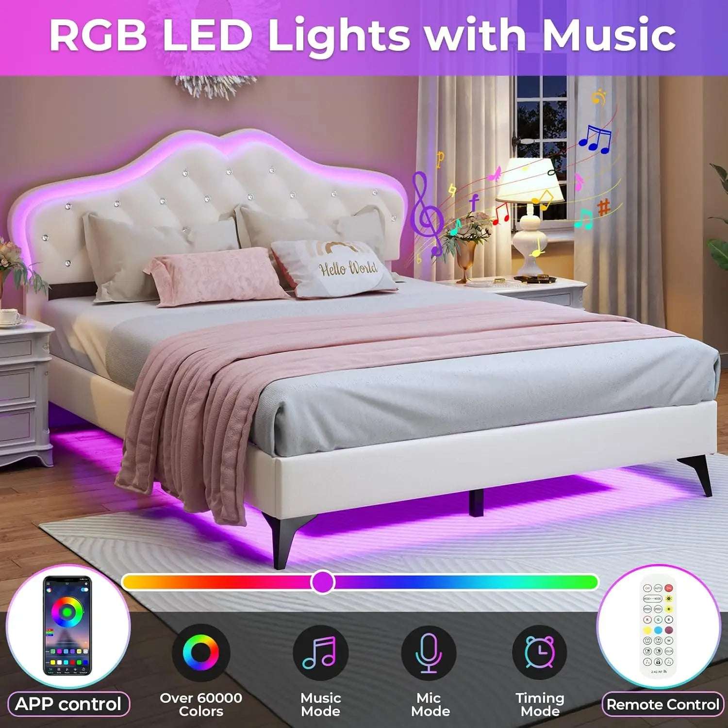 Queen-Size Upholstered Bed Frame with LED Lights.