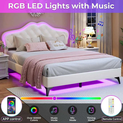 Queen-Size Upholstered Bed Frame with LED Lights.