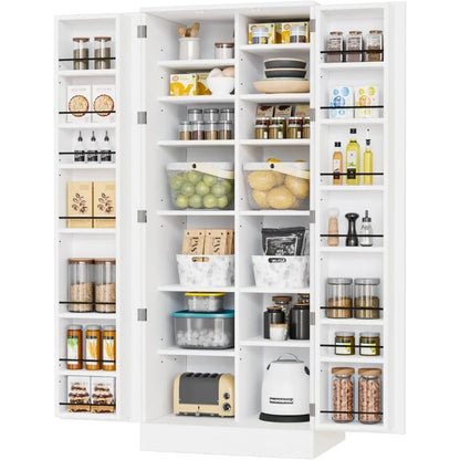 Pantry Cabinet,Tall White Kitchen Storage Cabinet with 2 Doors and Adjustable Shelves, 59" H Food Storage Freestanding Cupboard - Home Fusion
