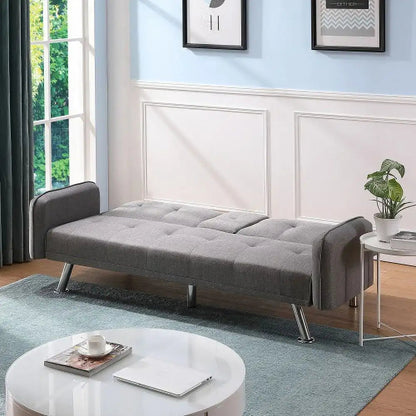 ertible Folding Futon Sofa with Cupholders and Metal Legs for LModern Futon Sofa Bed Linen Upholstered Sofa Couch Coviving Room - Home Fusion