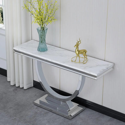 47" Rectangular Coffee Table, Modern White Faux Marble Cocktail Table, with Silver Mirrored Finish U-Shape Stainless Steel Base - Home Fusion