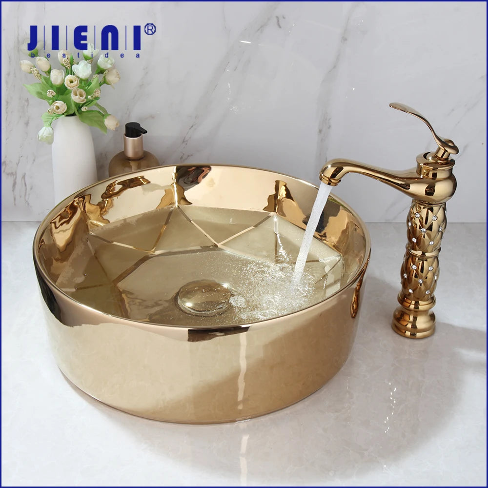 JIENI Bathroom Golden Plated Ceramic Round Combine Faucet Set Diamond Setting Lavatory Washbasin Sink Mixer Faucet w/ Pop Drain - Home Fusion