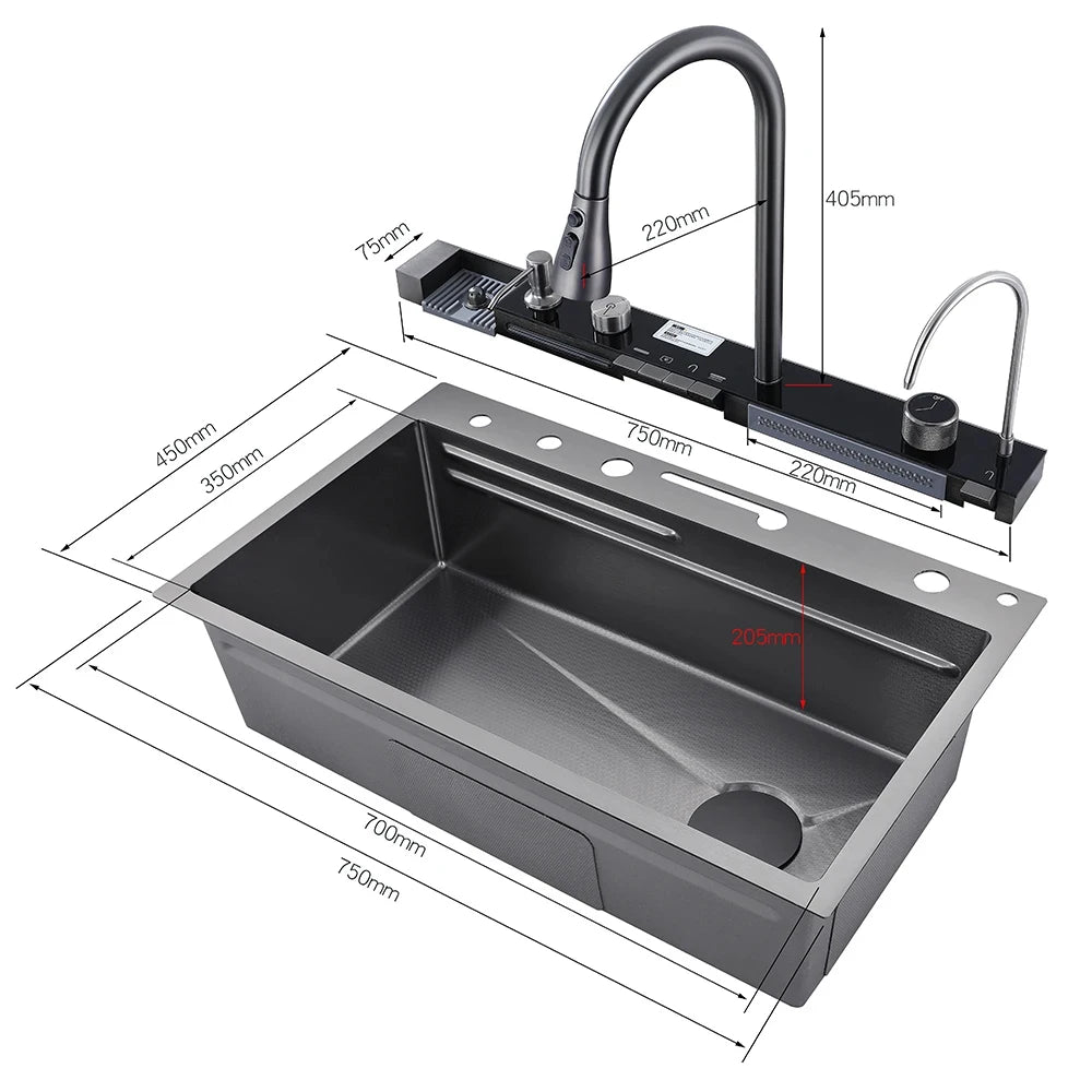 304 Stainless Steel Waterfall Kitchen Sink Large Single Slot Integrated Digital Display Faucet Set Soap Dispenser Cup Washer - Home Fusion