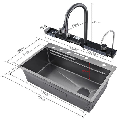304 Stainless Steel Waterfall Kitchen Sink Large Single Slot Integrated Digital Display Faucet Set Soap Dispenser Cup Washer - Home Fusion