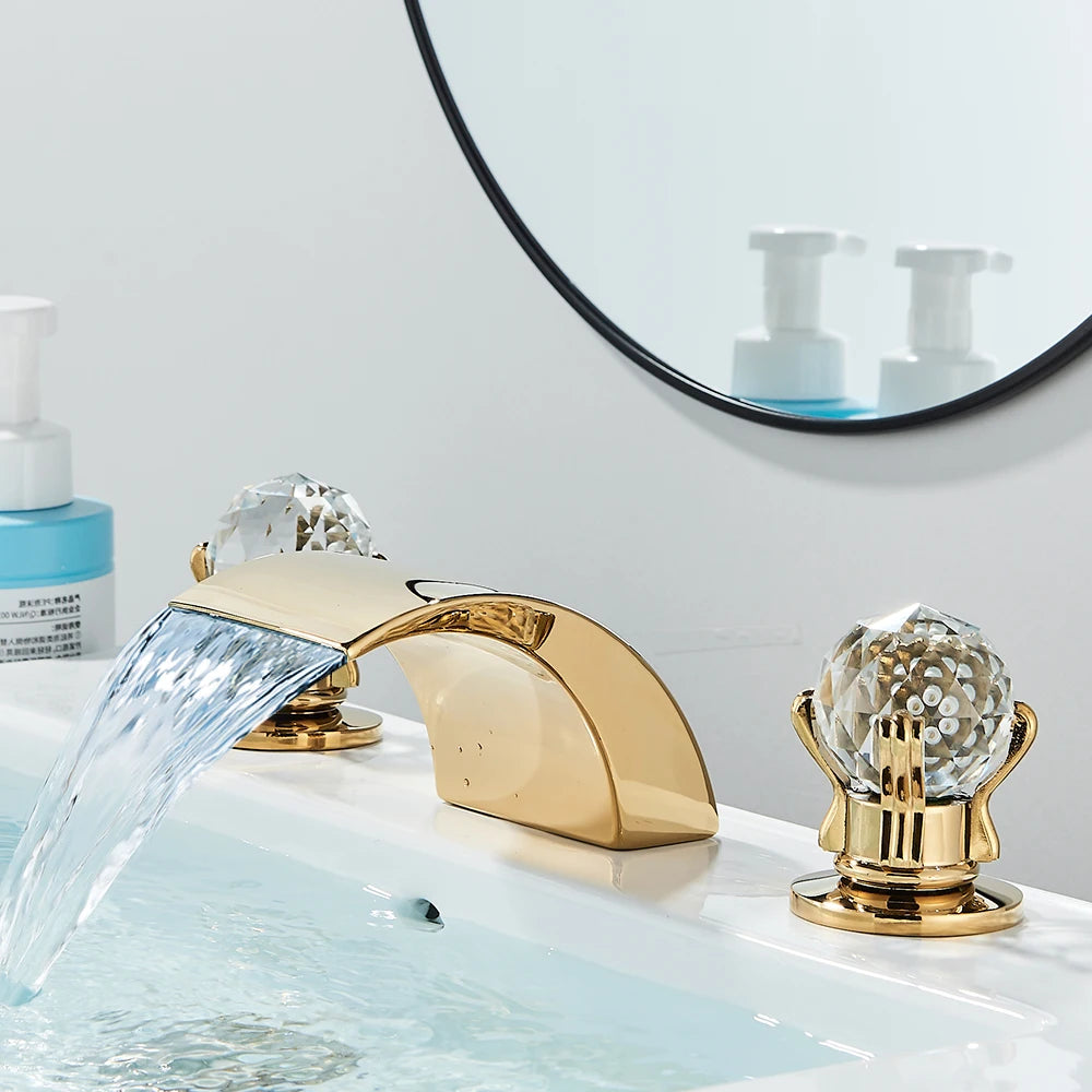 LED Widespread Bathroom Faucet Waterfall Gold Polished Lavatory Faucets Basin Mixer Tap 2 Crystal Knobs 3 Holes - Home Fusion